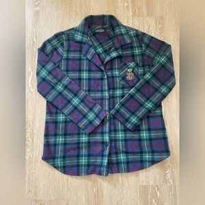 Lauren Ralph Lauren Women’s Blue Green Plaid Fleece Cardigan Embroidered Crest S
